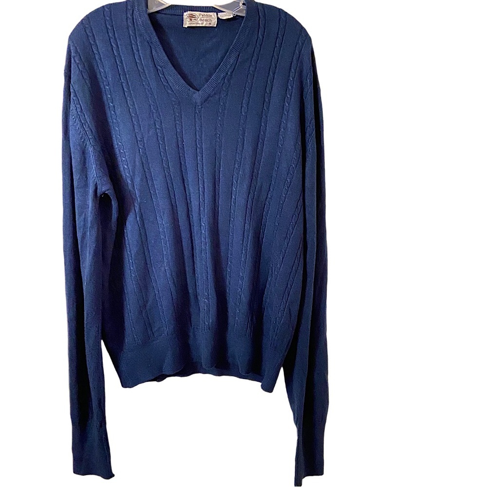 Pebble Beach Acrylic V Neck Long Sleeves Cable Knit Blue Sweater Size X Large.